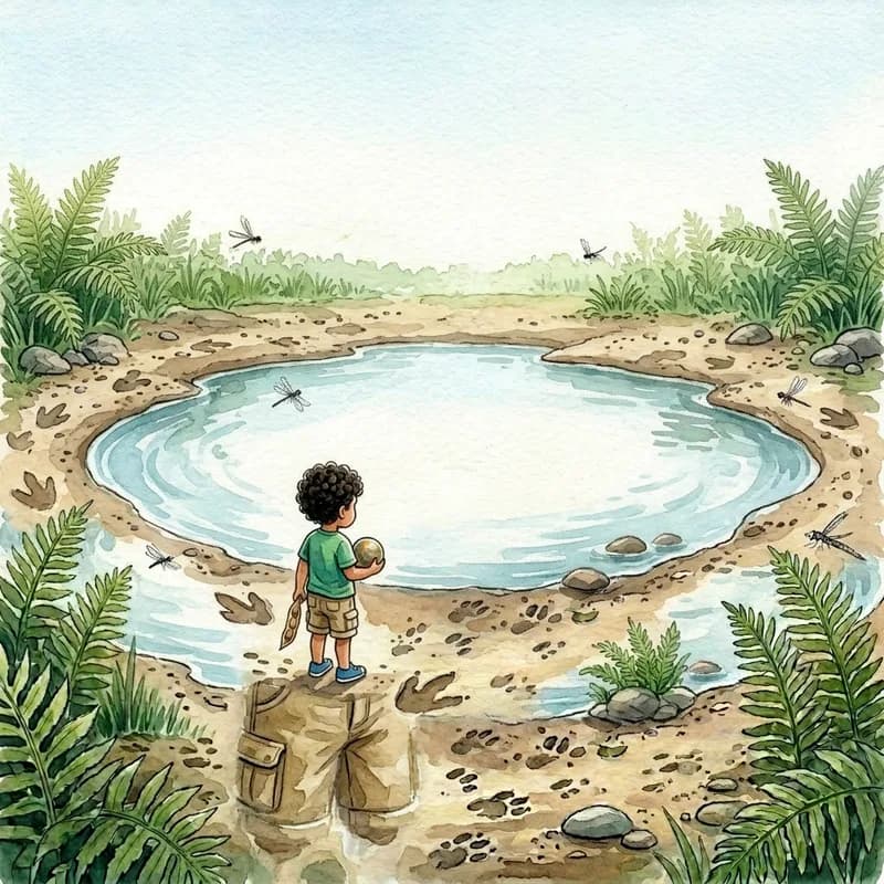 Wide view of Theo standing alone at the now-empty watering hole, dinosaur footprints in the mud around him, watercolor illustration