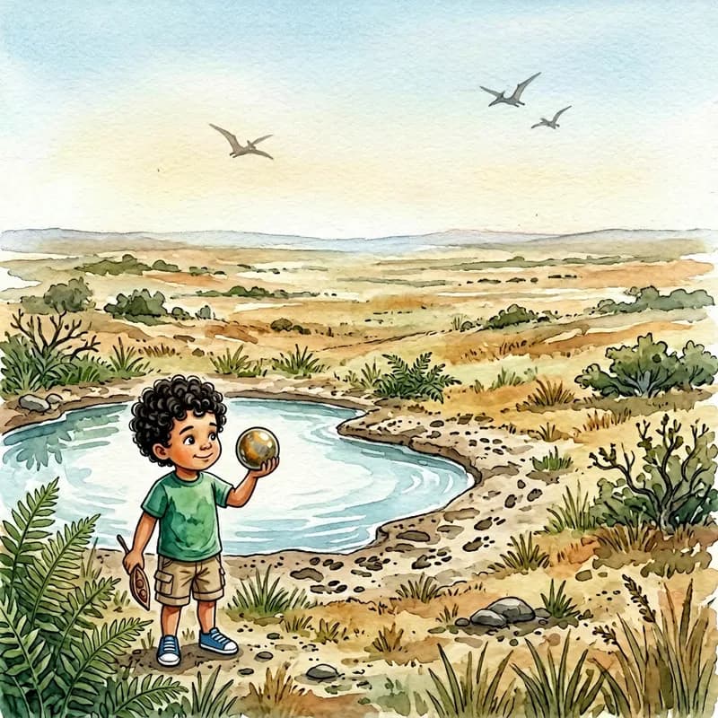 Theo standing by the watering hole holding up the stone, overlooking a wide golden plain as pterodactyls fly in the distance, watercolor illustration