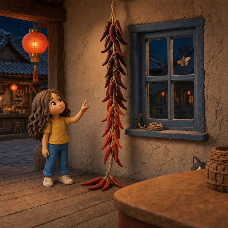 Lena pointing up at the long string of dried chilies hanging by the stall window, the newest red ones tied at the bottom, claymation illustration