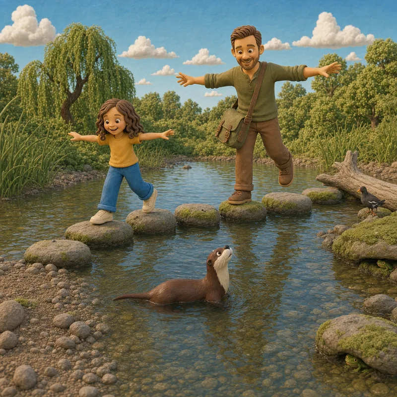 Lena and Dad crossing the mossy stepping stones with their arms out like tightrope walkers, an otter swimming past below and looking up at Dad's wobble, claymation illustration