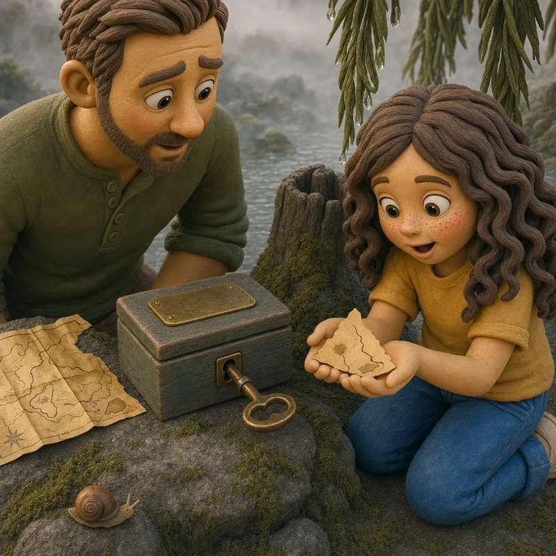 Close-up of Lena cradling the soft torn paper corner in both hands while Dad reads it over her shoulder, the key still in the music box beside the old map, a snail inching past, claymation illustration