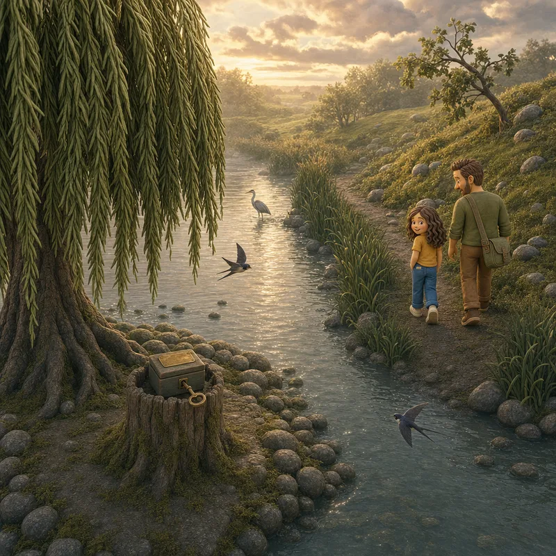 Lena and Dad walking home along the golden evening riverbank, the music box and key left resting on the island stump under the willow behind them, swallows skimming the water, claymation illustration