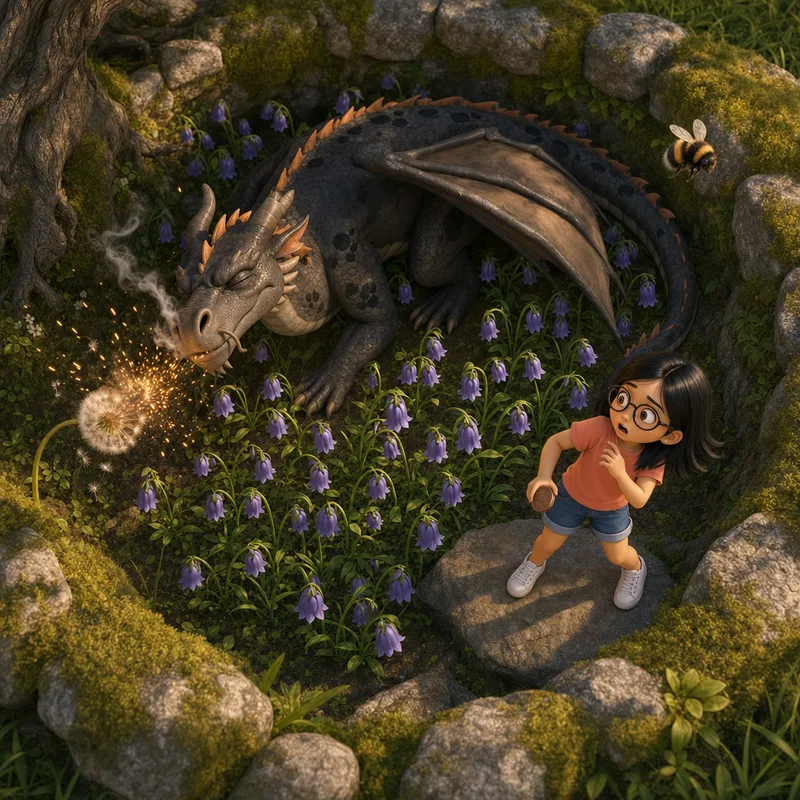 Top-down view of Marigold's sneeze setting a dandelion off like a firework of sparks beside the hollow of nightbells, Maya watching from a rock, 3D-animated illustration