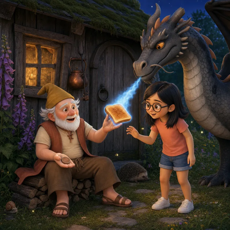 Pim sitting down in surprise as Marigold toasts his bread with a cool blue-edged flame, Maya reaching out under the night sky with fireflies around the shed, 3D-animated illustration